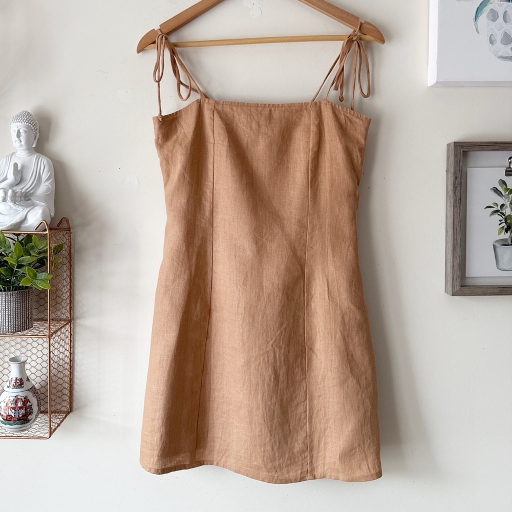 Faithfull the Brand Ysla Linen Smocked Back Shoulder Tie Dress in Hazelnut Sz 6 - Picture 2 of 14